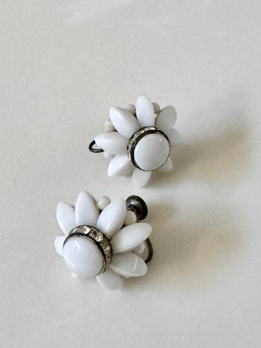 Vintage Milky White Beaded Rhinestone Cluster Screw Back Earrings 1”